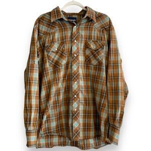 Vintage 90s Wrangler Brown Turquoise Checked Pearl Snap Down Western Shirt Large